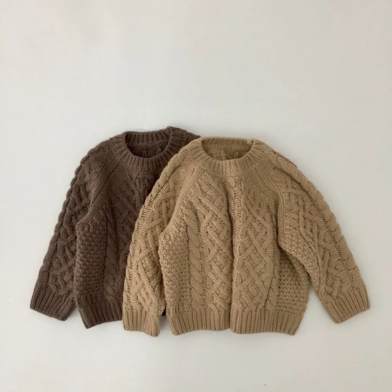 Фото Однотонный пуловер вязаные детские свитера весна-зима Теплые Топы для маленьких