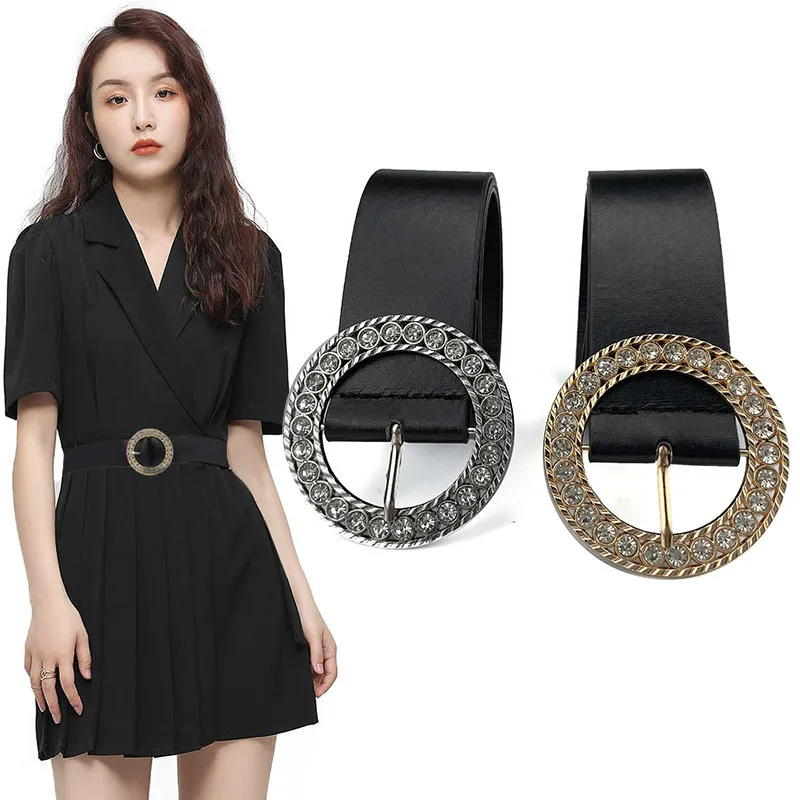 New Shiny Rhinestone Belts For Alloy Buckle Women Rhinestone Square Round Button Belt All-Match Suit Windbreaker Coat Waistband