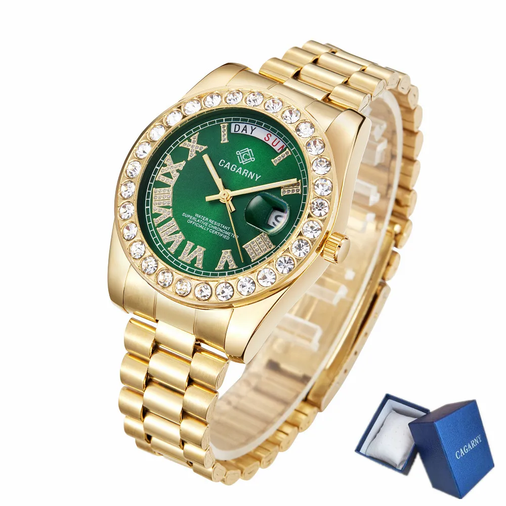 

CAGARNY Classic Fashion Business Men's Quartz Watch Week Date Display Gold Diamond Stainless Steel Waterproof Relogio Masculino