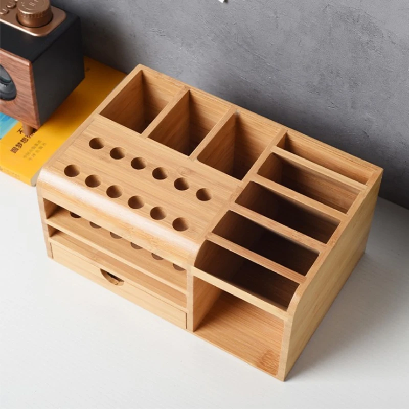 

Wooden Tool Holder Tweezers Screwdrivers Knives Compartment Storage Rulers