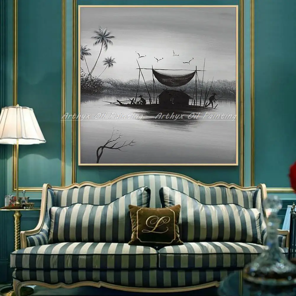 Arthyx ручная работа семья рыбака пепельный черный пейзаж масляная живопись на
