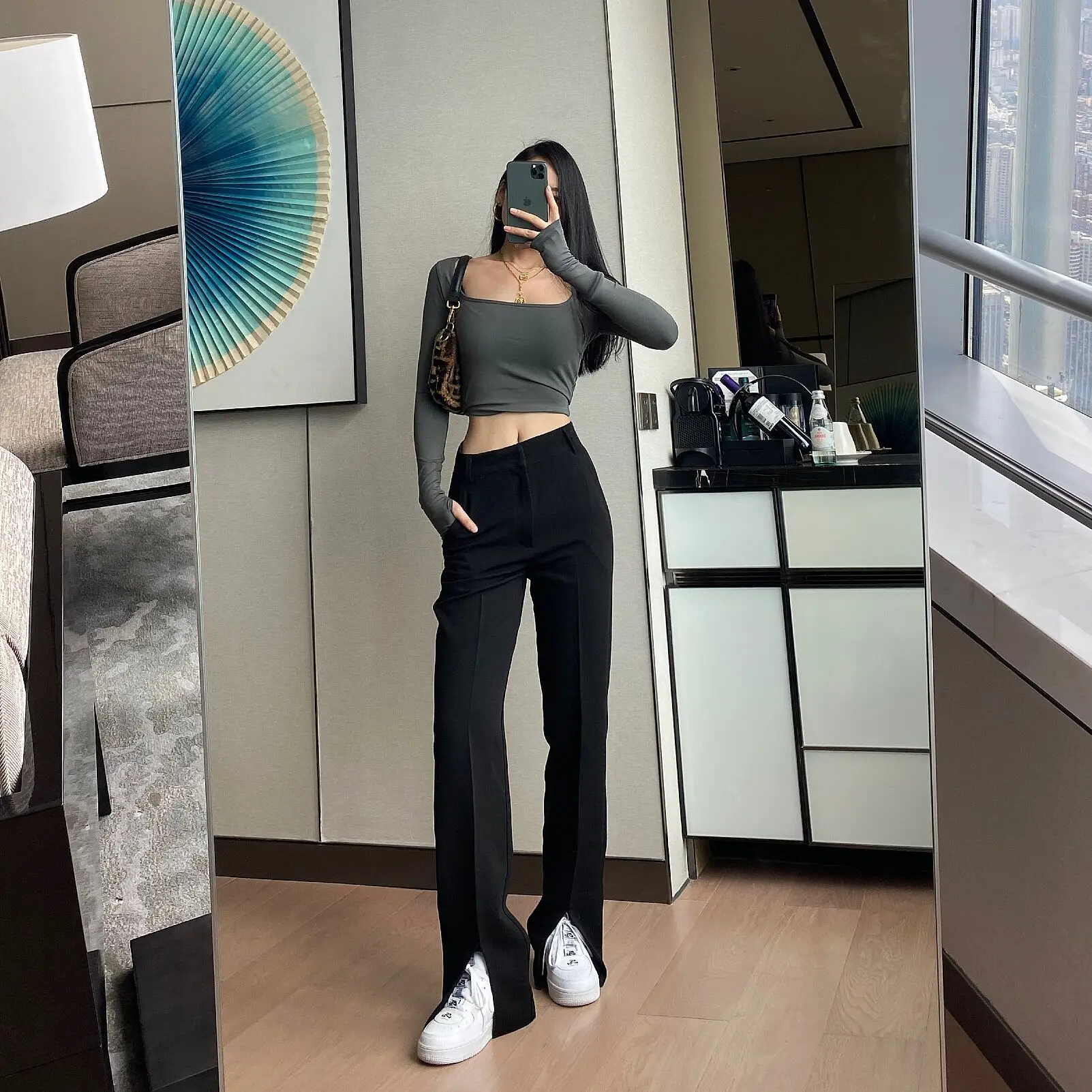 

2021 Autum Skinny Long Pencil Split Pants Bottoms Women Elegant Black Trousers High Waist Office Lady Pants Suit Pants