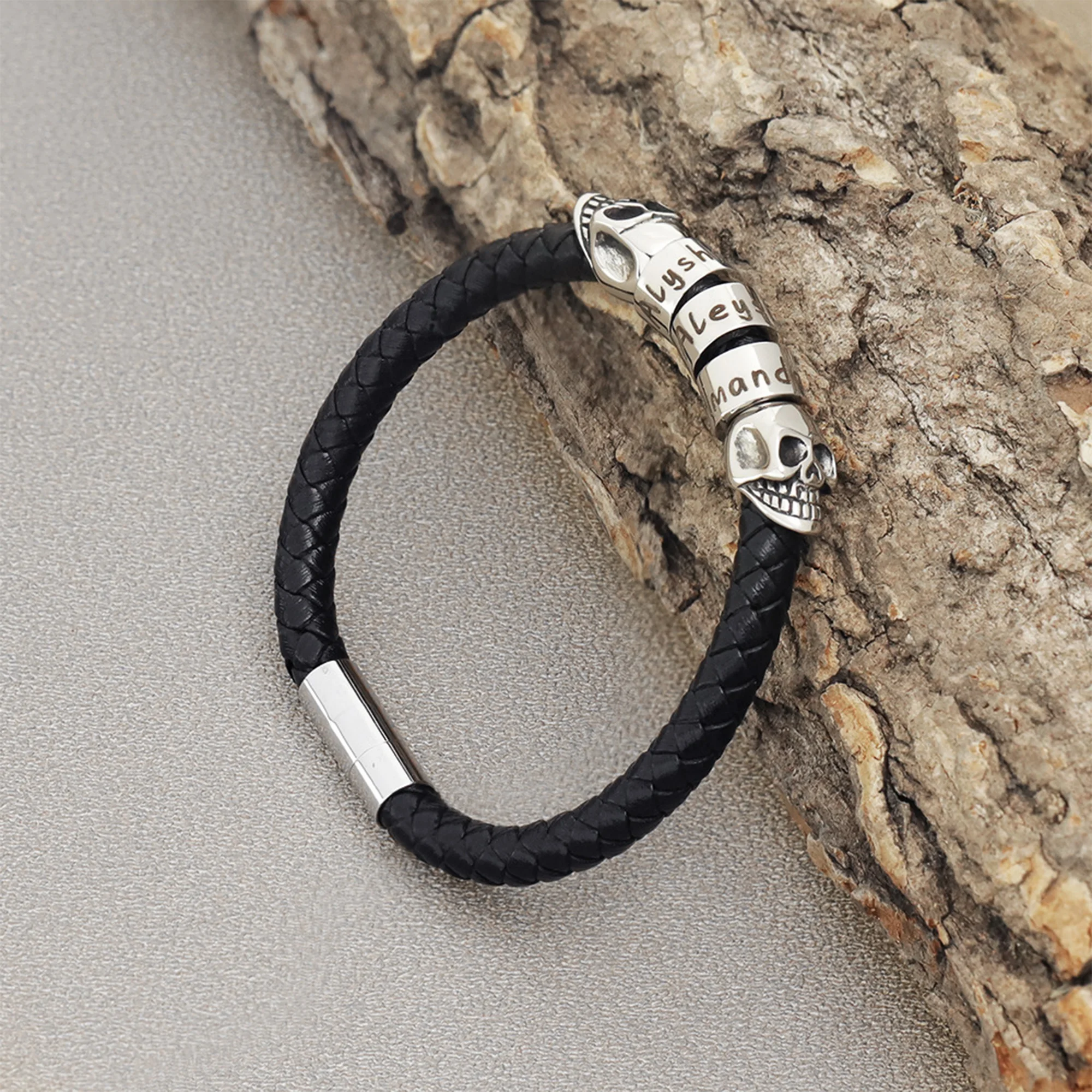 

Personalized Men Women Stainless Steel PU Leather Bracelet Custom Name Text Engraved Beaded Bracelets New Halloween Skull Bangle