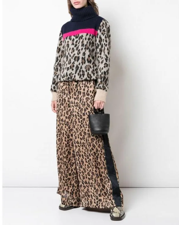 Новый осенний и зимний модный Леопардовый принт розовый цвет свитер с высоким