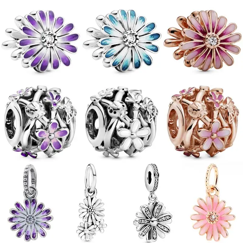 

Openwork Purple & Pink Daisy Flower Dangle Ladybird And Bee Beads 925 Sterling Silver Charm Fit Fashion Bracelet Diy Jewelry
