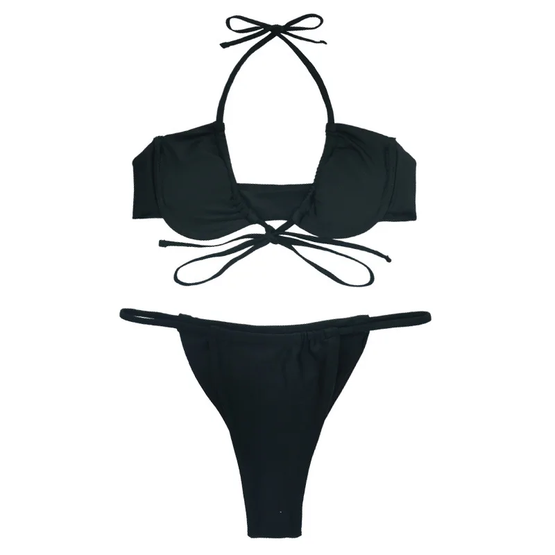 

Solid Color Brazilian Swimwear Women 2 Pieces Tether Pleated Strappy Sexy Backless Seaside Vacation Beach Split Bikini New 2021