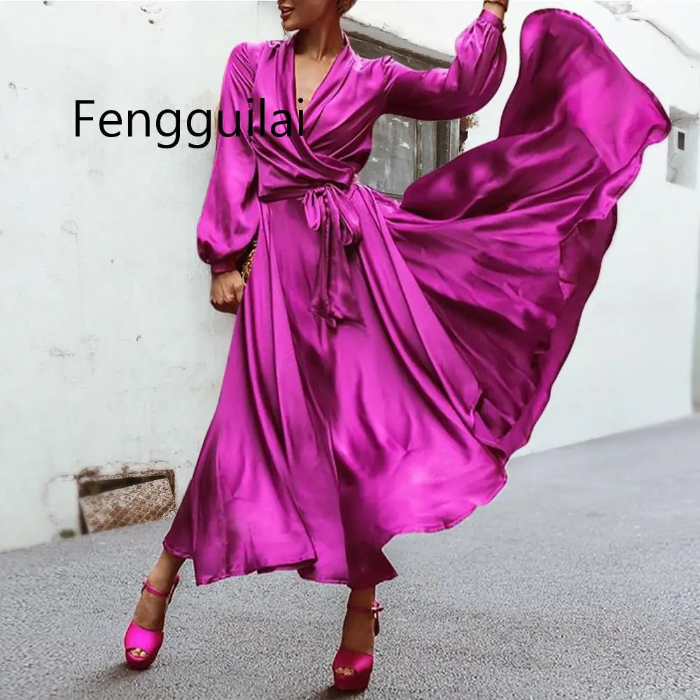 

FENGGUILAI Women Lantern Sleeve Plus Size Dress V-Neck Solid Sexy Sashes Party Dress Casual Loose Elegant Vintage Red Dresses