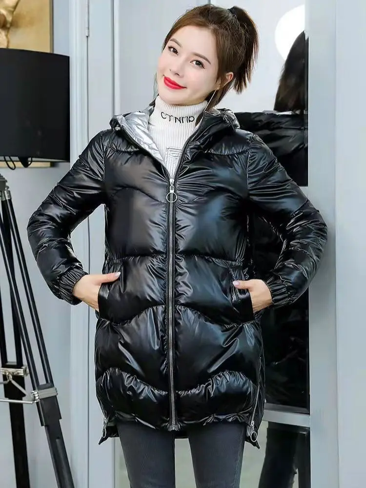 

Women's bright down jackets 2021 new women's mid-length winter coat loose thick cotton hooded fashion ladies down parka