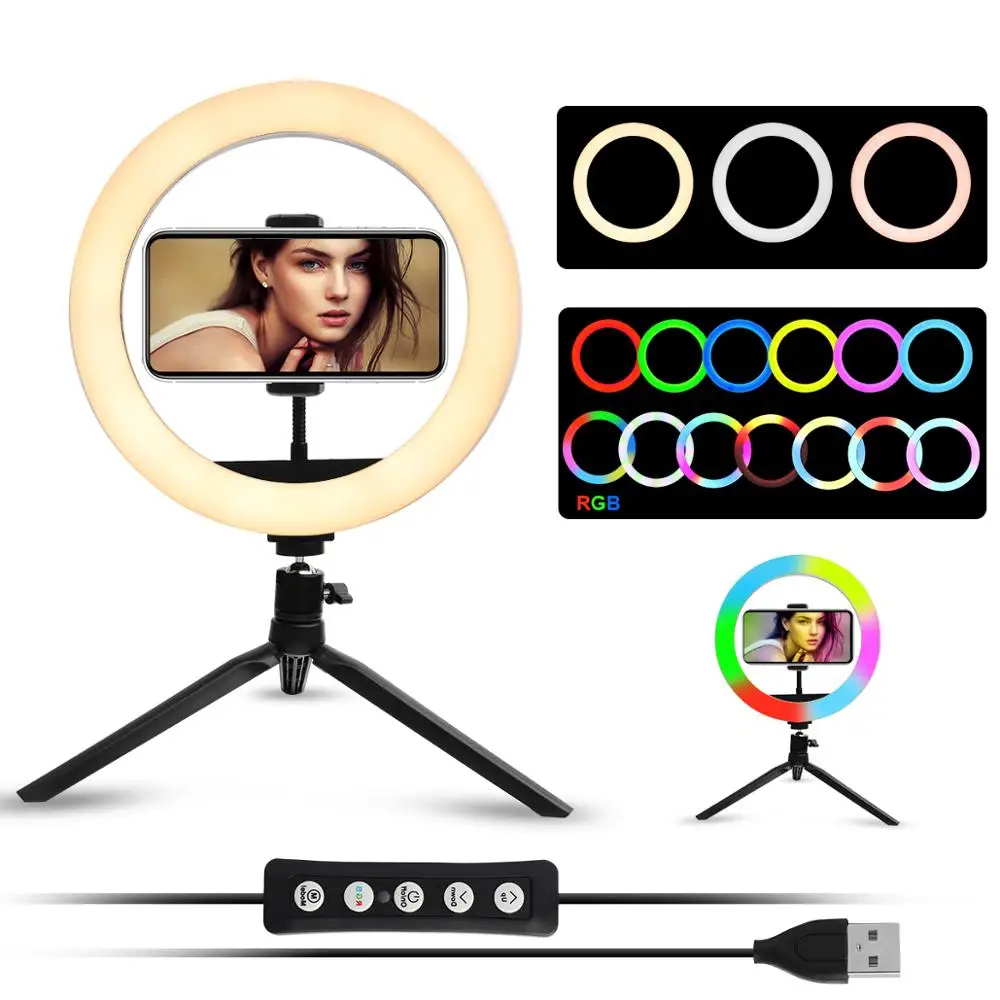 

26cm RGB Selfie Ring Light 10in Dimmable LED Fill Lamp With Tripod Stand and Phone Holder for Makeup YouTube Live TikTok Video