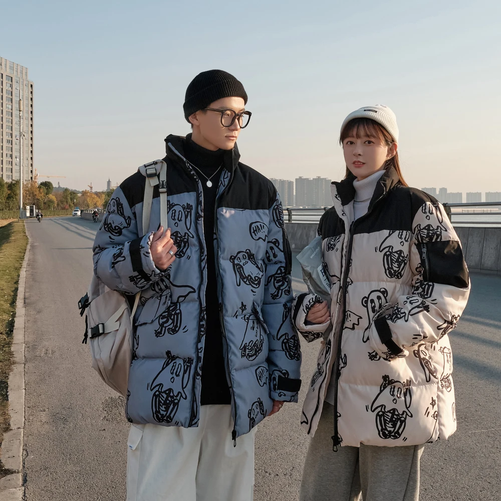 

Cotton Padded Thick Parkas Jackets Streetwear Hip Hop Print Windproof Warm Zip Coats Fashion Harajuku Outwear Mens tops