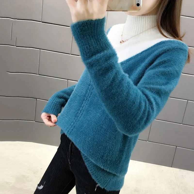 

2021 Autumn Spring Patchwork Sweaters for Women Korean Style Slim Casual Pullovers Half High Collar Knitted Jumpers Female