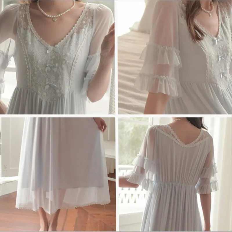 

2021 Summer Short Sleeves Vintage Embroidery Nightgowns Sexy V-Neck Long Style Gauze Nightdress Girl Sweet Lace Modal Home Dress