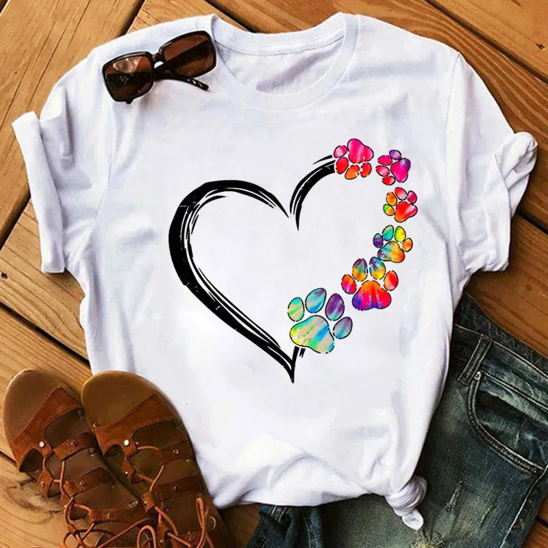 

Watercolor Heart Dog Paw Female T Shirt Print Cartoon Harajuku O-neck Tshirt Casual Ladies Tops Fashion Women T-shirt Clothing