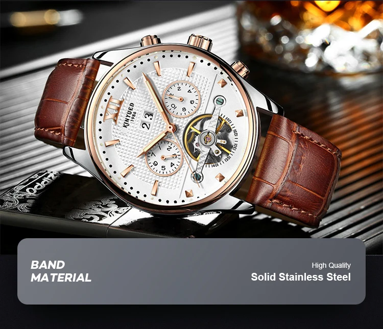 Новые KINYUED швейцарские автоматические Tourbillon механические часы многофункциональные водонепроницаемые светящиеся кожаные мужские автоматические часы