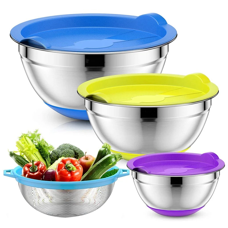 

Mixing Bowls With Airtight Lids & Colander, 4Pcs Stainless Steel Nesting Bowls For Kitchen, Non-Slip Silicone Bottom