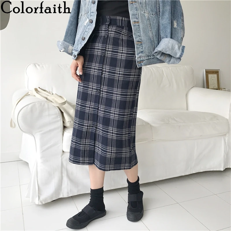 Colorfaith осенне-зимняя женская прямая клетчатая миди юбка пакет бедра опрятная Мода пуговицы винтажные женские юбки SK7759