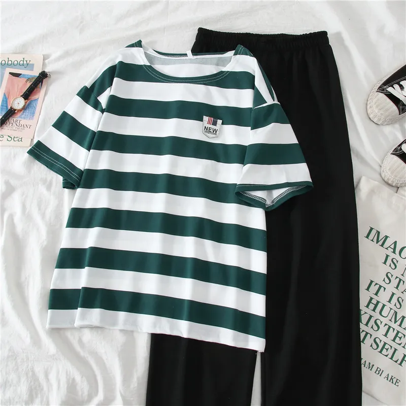 Casual Women Sets 2 Piece Relaxed Striped Short Sleeve Outfits T Shirt and Pants Suit Two Set Tracksuit Sweatsuit Clothes | Женская