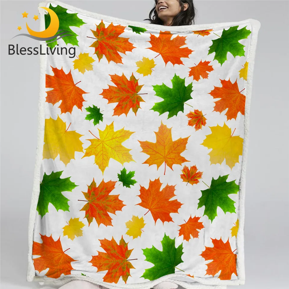 

BlessLiving Maple Leaf Furry Blanket Colorful Sherpa Blanket Fall Autumn Tree Leaves Throw Blanket Yellow Orange Watercolor Koce