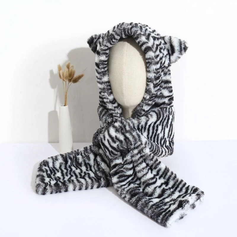 

Women Winter 2 In 1 Hooded Scarf Beanie Hat Zebra-Striped Cute Bear Ears Fuzzy Plush Earflap Cap Windproof Neck Warmer
