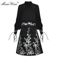 moaayina fashion designer set spring womens lantern sleeve shirt topsembroidery sequins skirt two piece set