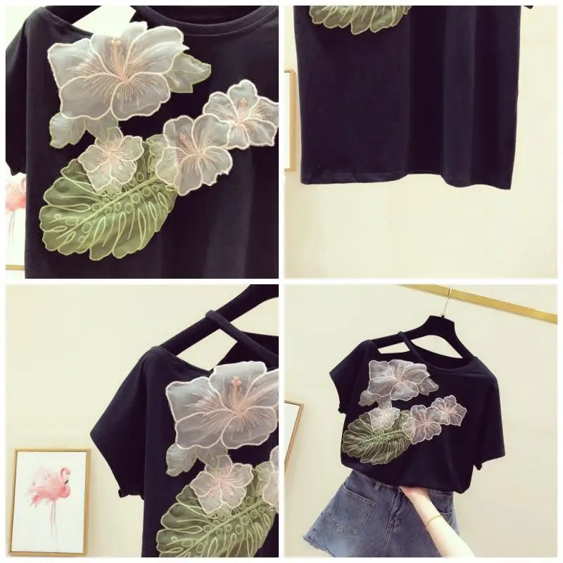 

Short sleeve T-shirt 2021 summer new Korean off shoulder three dimensional printing round neck women's casual top fashion