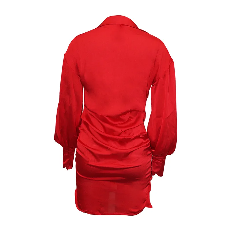 

BAMBOOBOY Elegant Sexy Chic Turn Down Collar Draped Wrap Fitted Casual Club Shirt Dress FD033