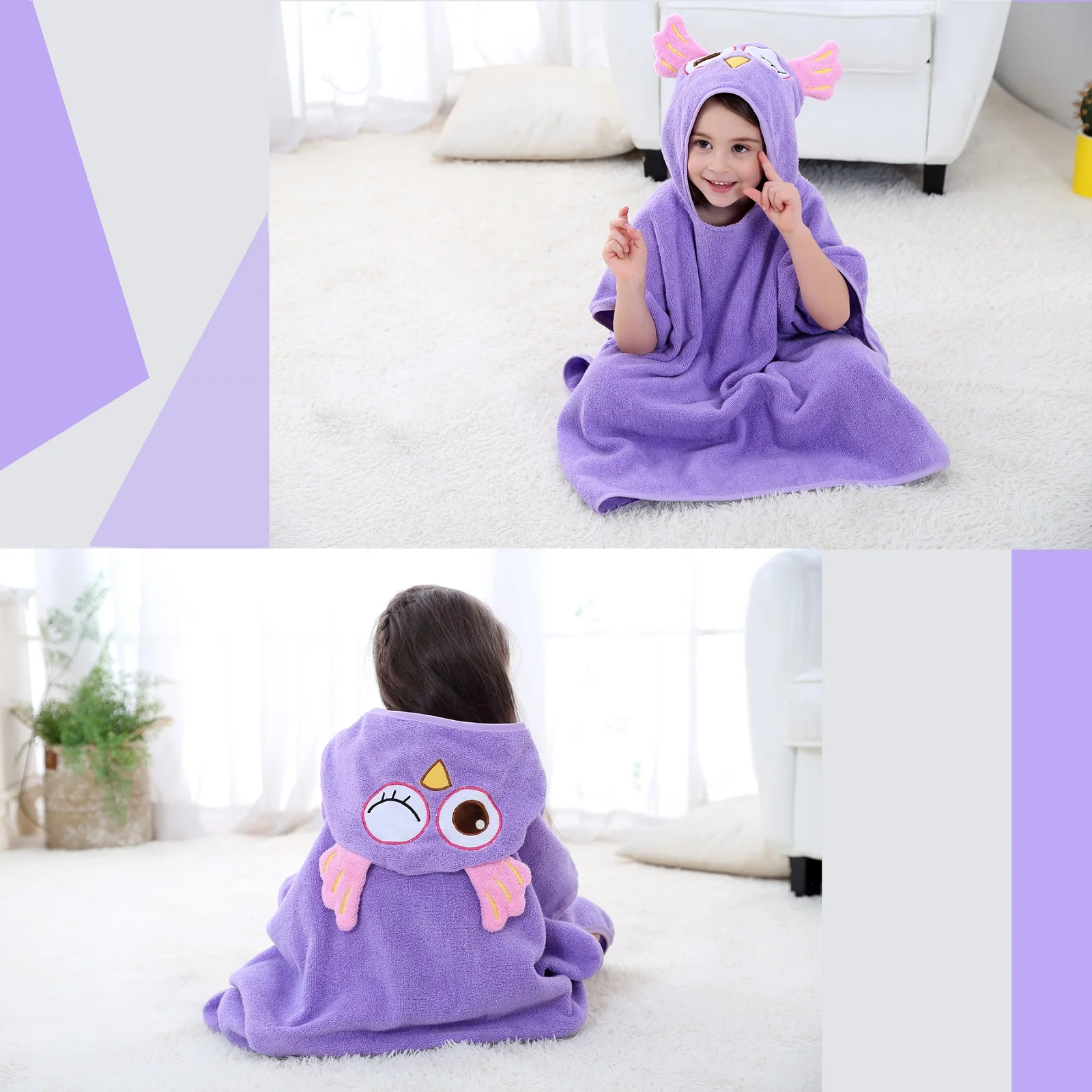 Полотенце-пончо совенок из мягкой хлопковой махры. фиолетовое 70х140 см BABY FOX BF-TWL-14