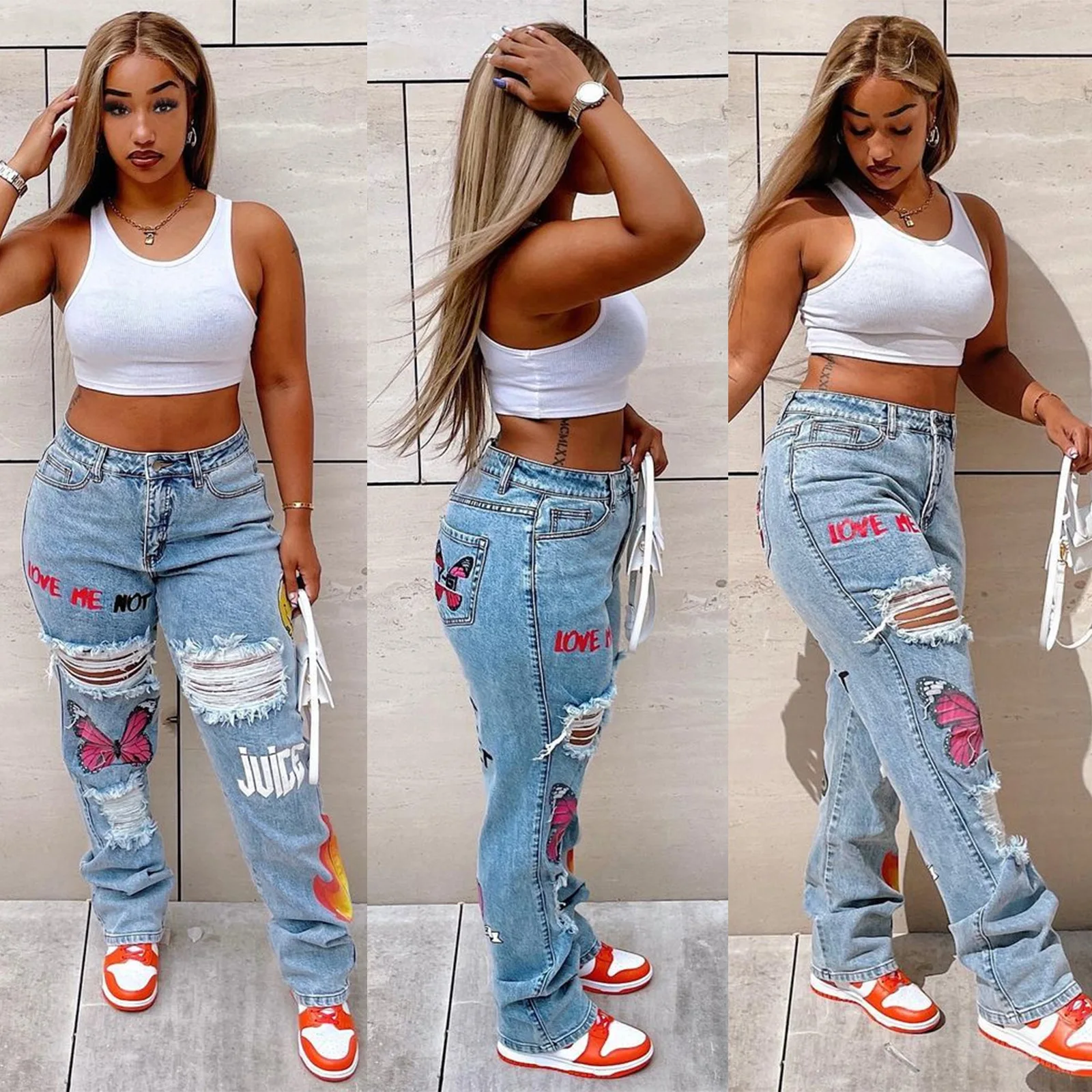 Butterfly Flame Print Denim Cut Out Distressed Jeans For Women High Street Hip Hop Baggy Hole Pants Sexy Y2K Clubwear Trousers