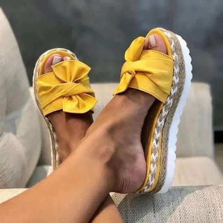

Big Size Low Shoes Woman 2021 Female Slippers Butterfly-Knot Flock New Beach Fabric Basic Hoof Heels Slides Butterfly-knot Rubbe