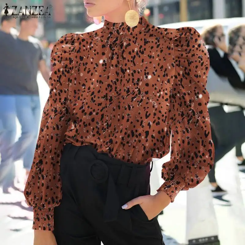 

ZANZEA Holiday Casual Fashion Elegant Tops Autumn Full Sleeve O-Neck Blouse Leopard Printed Tie At Neckline Smocking Chemise