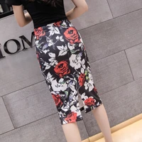 floral print elastic high waist pencil skirts midi skirt women printed ol work wear short skirt