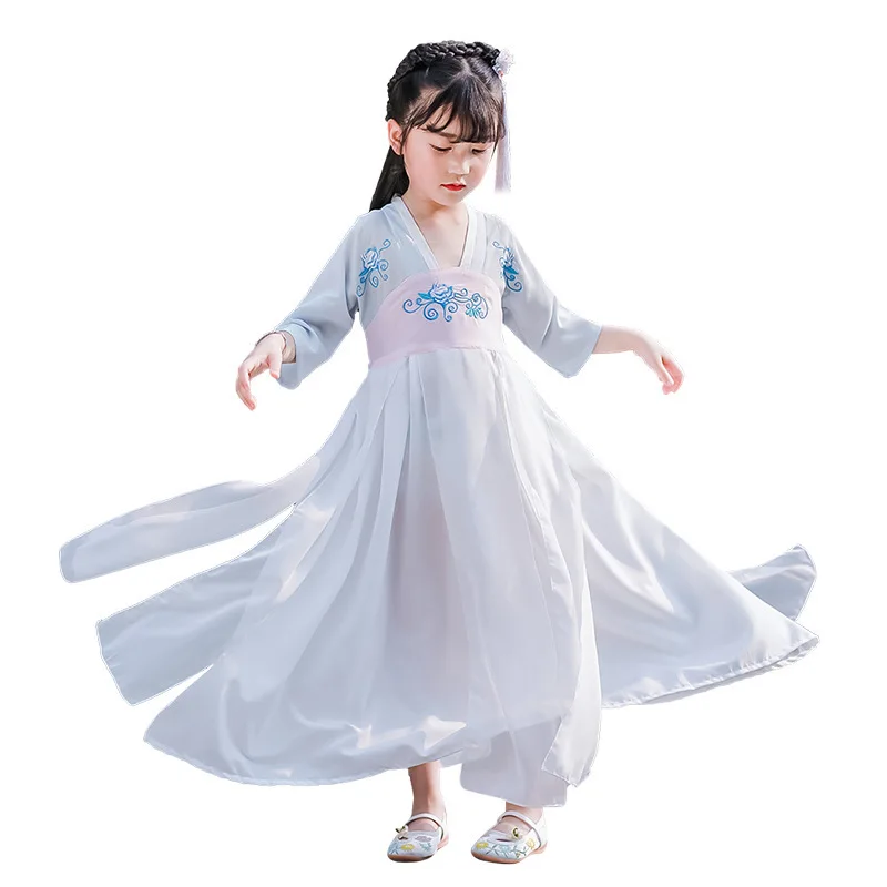 

Summer Children Improved Hanfu Style Chiffon Dress Embroidered Short Sleeve Uper Fairy Dress Cute Chinese Baby Girls Floral