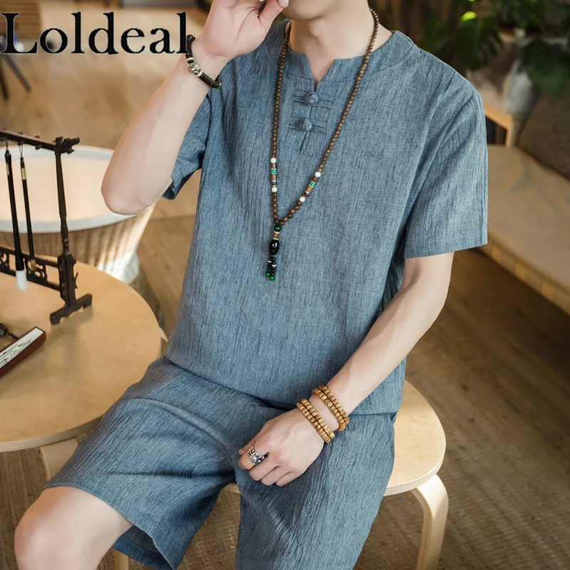 

Loldeal Chinese Style Short-sleeved Tshirt Set Men Slim Solid Color Linen Round Neck Retro Pullover + Shorts