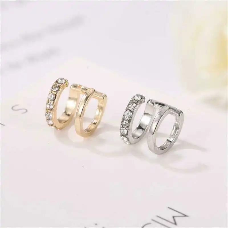 

Piercing Earring CZ Ear Cuff Earrings Clip Rhinestone No Band Double for Women Gift