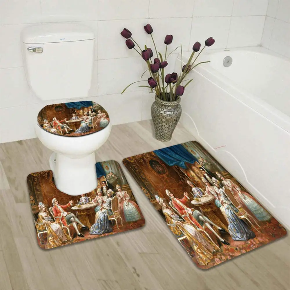 34 pieces europe artistic shower curtains sets angel oil painting carpet gift kids toilet mat 3d print ancient art bathroom set free global shipping