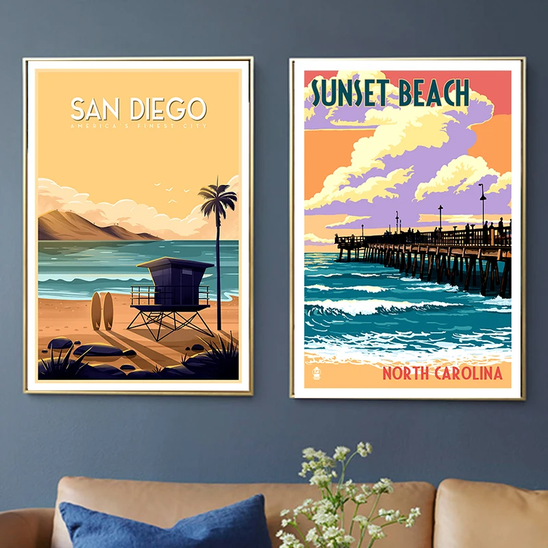 San Diego California Sunset Beach Дорожные холщовые картины винтажный настенный плакат из крафт