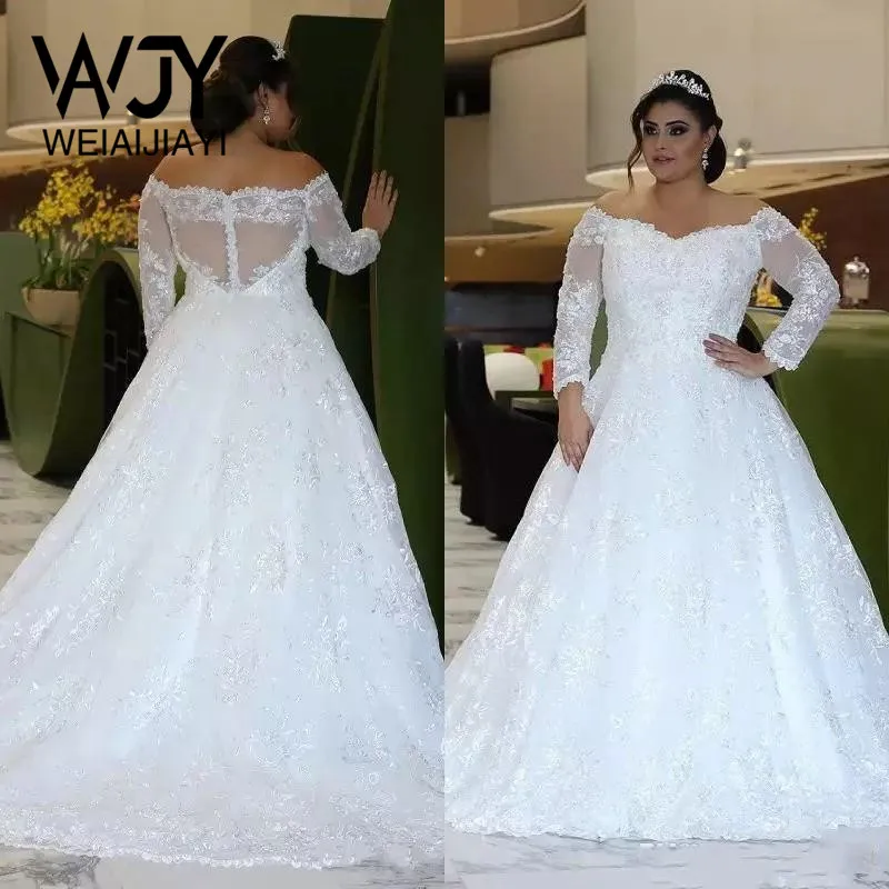 

Plus Size White Wedding Dress With Long Sleeves Lace Sexy Off Shoulder Bridal Dresses vestido de novia robe de mariee undefined