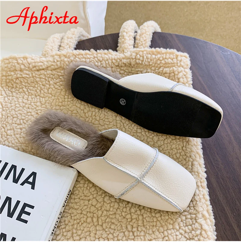 Aphixta/зимние теплые женские шлепанцы с натуральным кроличьим мехом; женские пушистые тапочки; женские шлепанцы на плоской подошве с квадратным носком