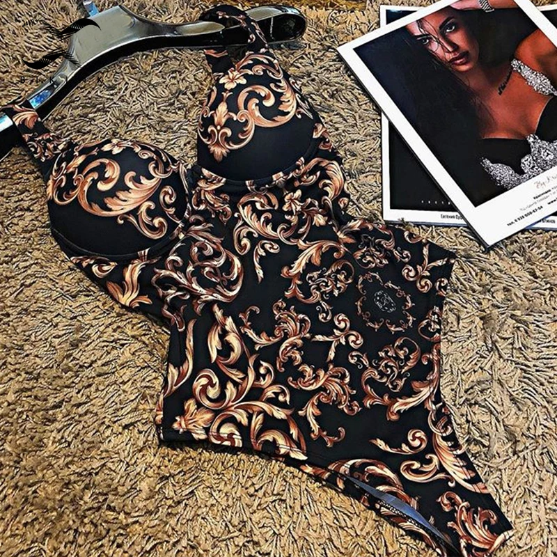 Винтаж принт цельный купальник женский глубокий купальные костюмы V-Neck для женщин с высокой боди Монокини летний купальный костюм