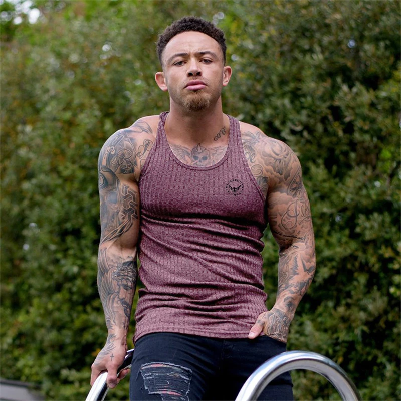

Running Sleeveless T Shirt Men Fitness Slim Fit Stringer Tank Top Male Sports Strips Fashion Singlet Summer Knitted Gym Clothing