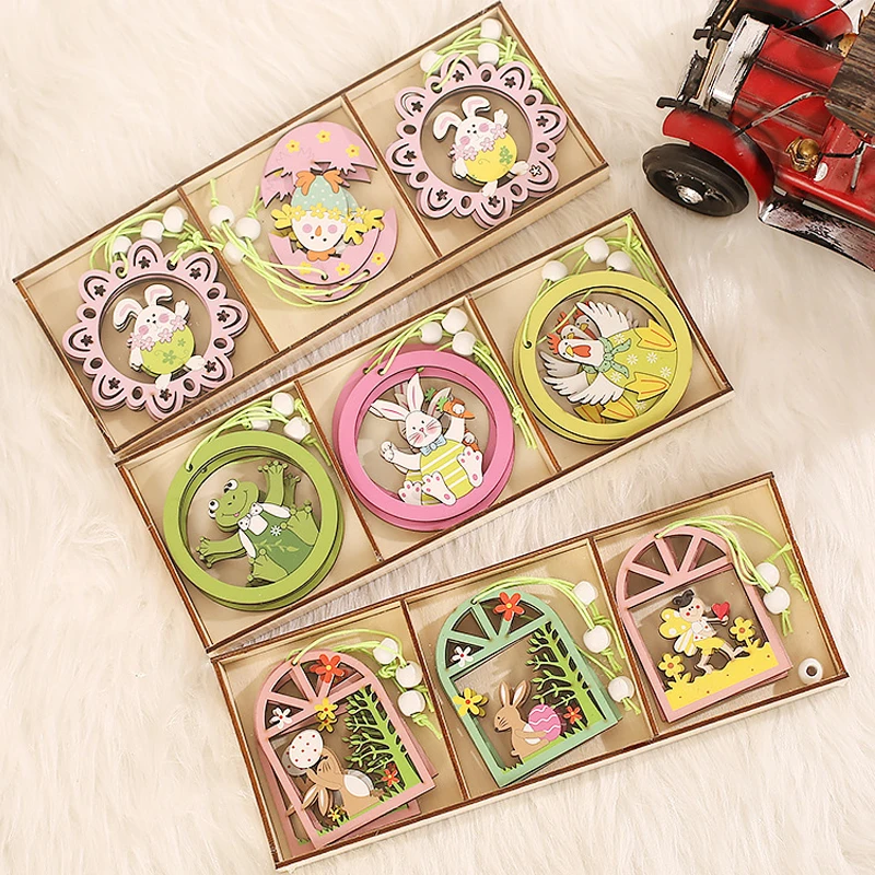 

9PCS Easter Decoration Painting Rabbit Pendant Wooden Crafts DIY Desktop Decorations Easter Decorations for Home Kids Gift