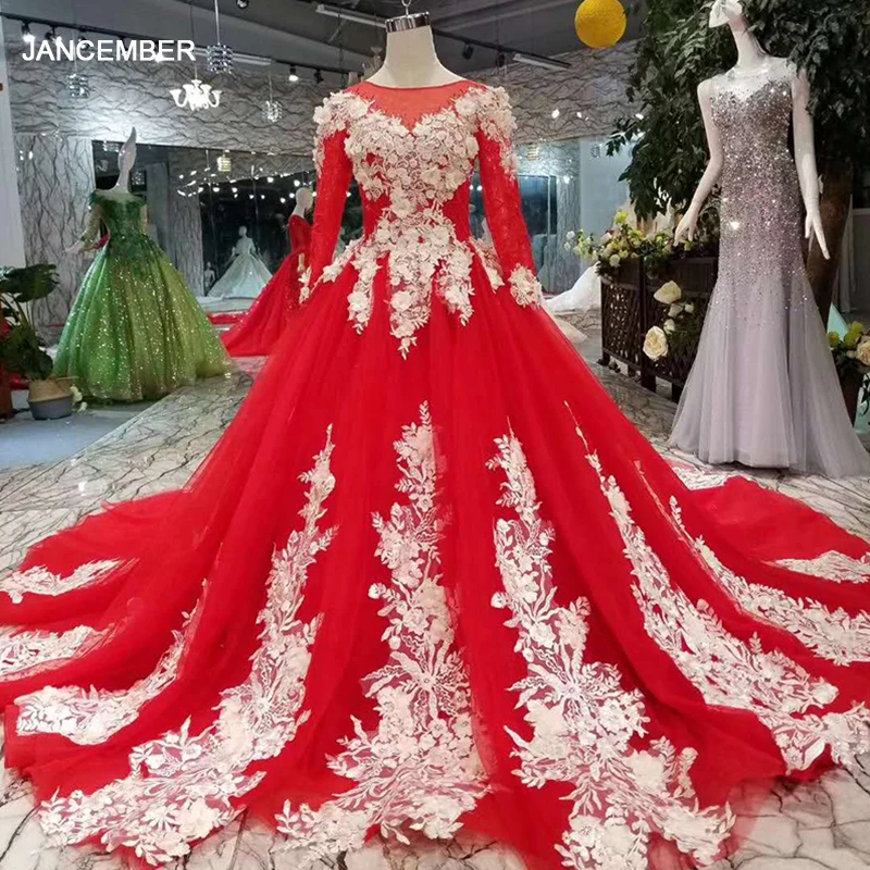 Красное вечернее платье LSS151 для свадьбы кружевное с круглым вырезом и длинными