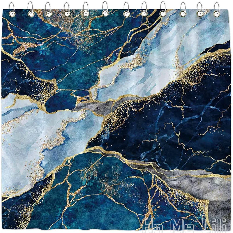 

Marble By Ho Me Lili Shower Curtain For Bathroom Abstract Navy Blue Golden Cracked Lines Pattern Texture Bathtubs Set With Hooks