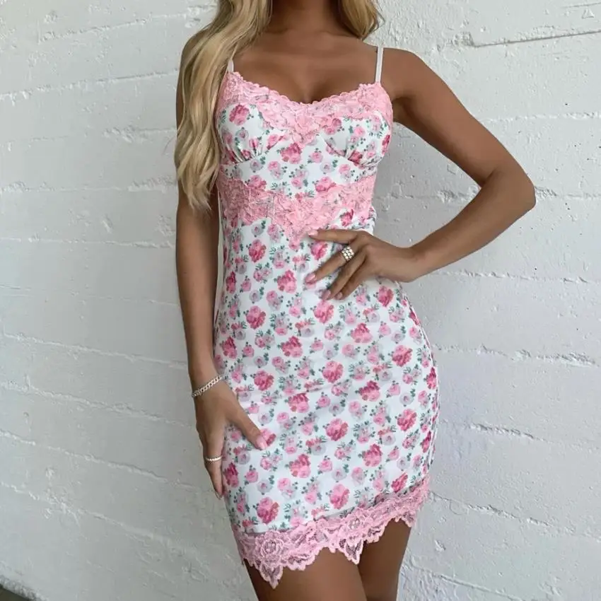 

Lace Spliced Flowers Sundress Women's Straps Bodycon Sheath Dress Summer Party Sling Skinny Short Dress for Lady