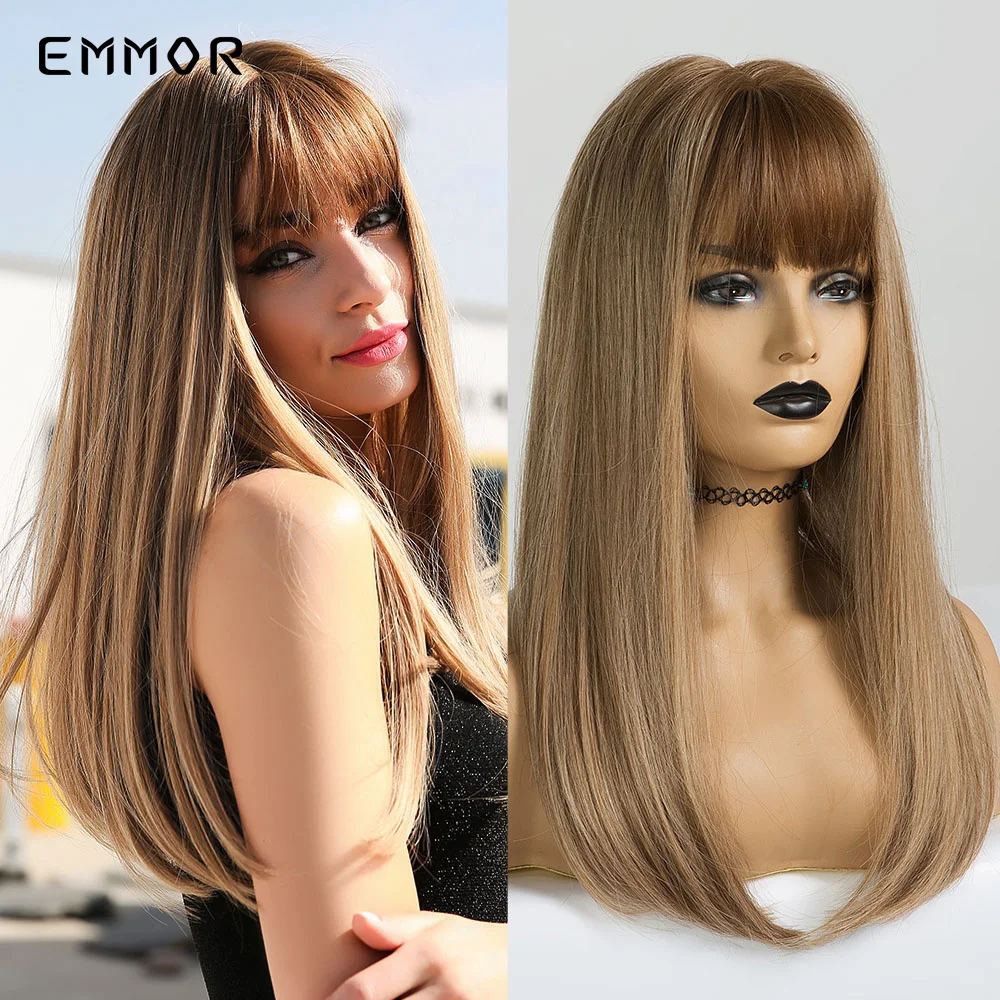 Парик EMMOR из длинных прямых синтетических волокон 16 дюймов с челкой перехлёстом