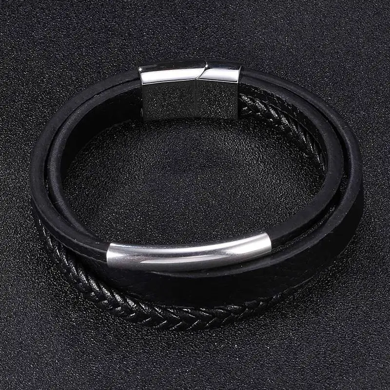 New Design Mutilayer Handmade Black Braided Leather Bracelets Bangles for Men Stainless Steel Fashion Wristband Best Gift SP1010 | Украшения