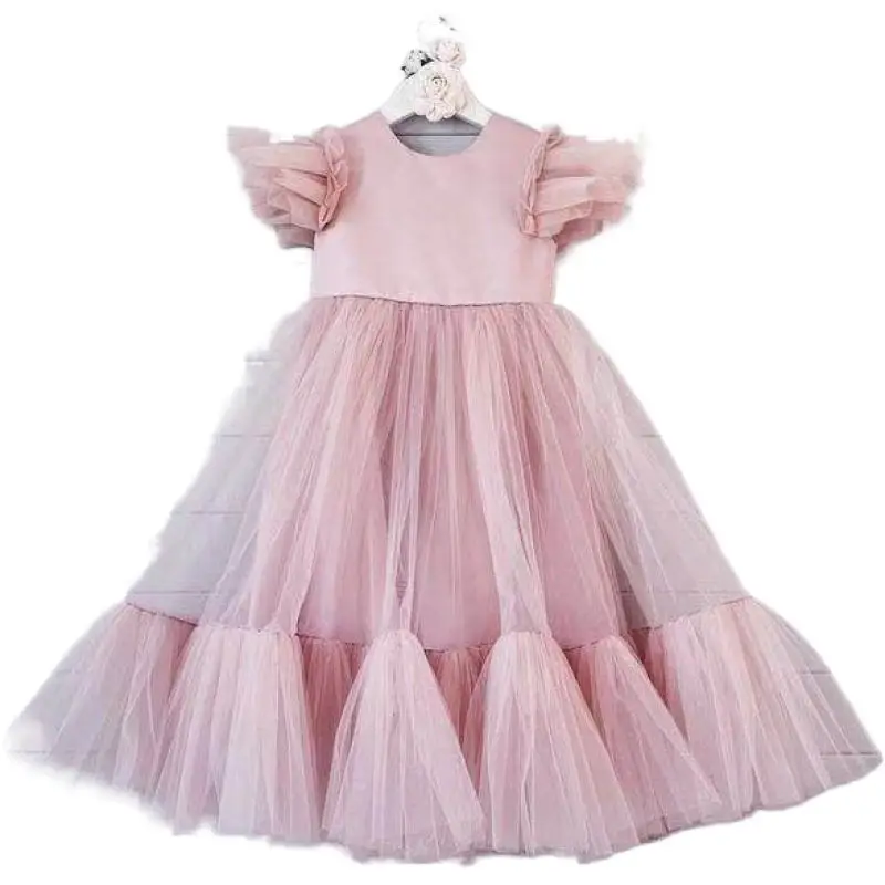 

2021 Brand Top Quality Girls Spring Summer Princess Mesh Dress Baby Kids Flying Sleeve Long Birthday Party Dresses Vestidos
