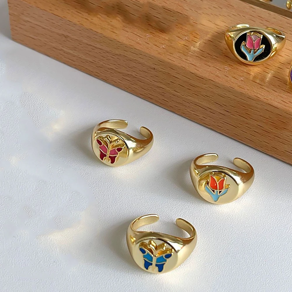 

INS Vintage Drop Glue Color Flower Butterfly Rings for Women Boho Ethnic Korean Fahsion Jewelry Anillos Mujer Bague Femme Ringen
