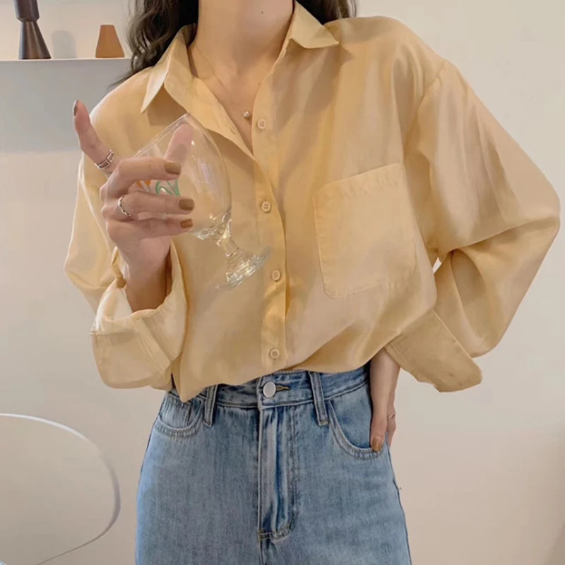 

Lucyever Oversize Loose Women's Shirts Summer Long Sleeve Single-breasted White Shirt Ladies Light Thin Turndown Collar Blouses