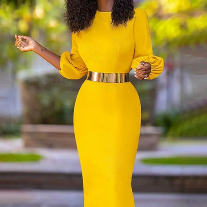 

2021 Ladies Fashion Dress Women's O-neck Three-quarter Sleeve Slim Mid-length Party Office Robe Ladies Party Evening Dress New
